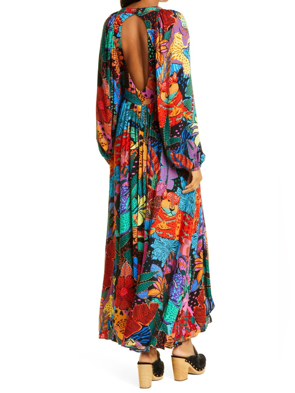 Farm Rio Women's Large Long Sleeve Maxi Dress Tropical Cheetah Open Back V Neck - Picture 2 of 13